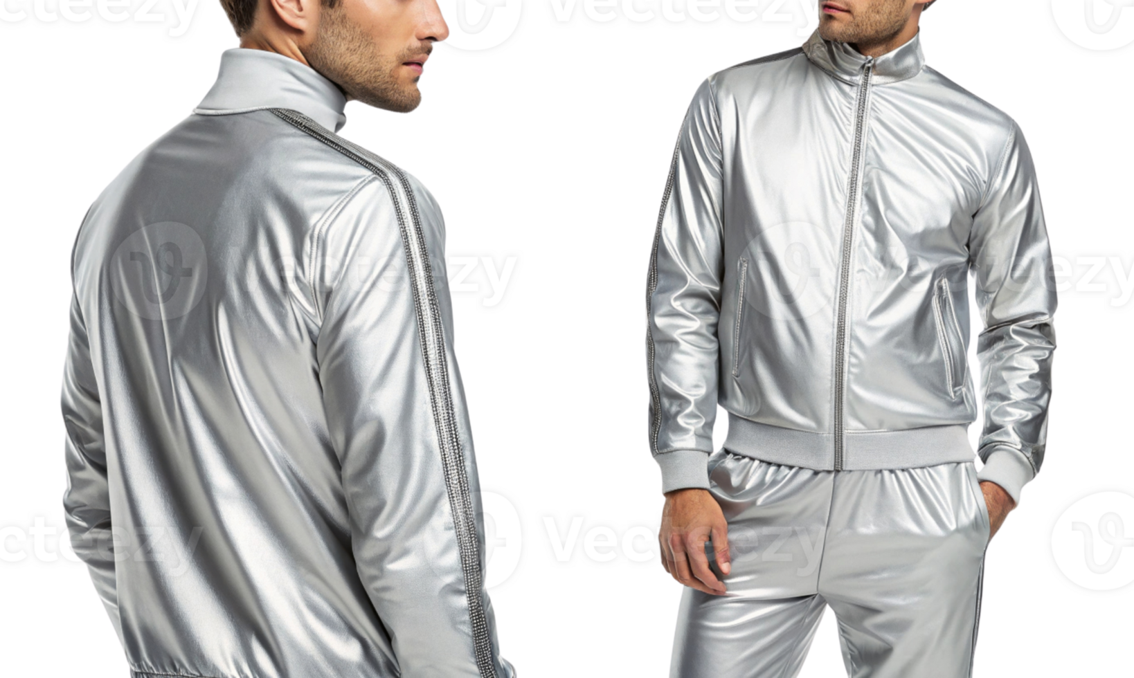 stylish silver tracksuit featuring zip up jacket and matching pants, perfect for athletic wear or casual outings. sleek design adds modern touch png