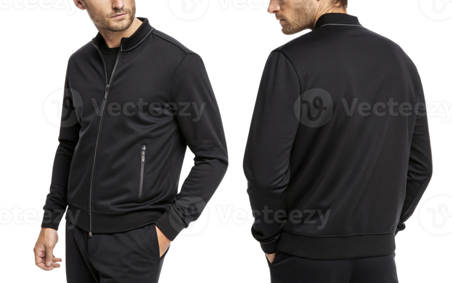 stylish black jacket featuring zip up front and sleek design, perfect for casual or sporty looks. Ideal for layering and versatile wear png