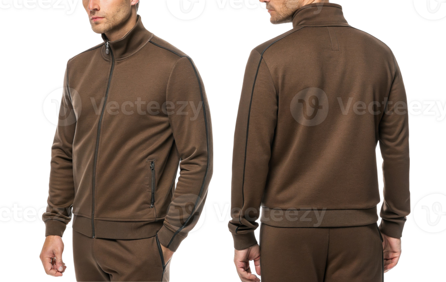 stylish brown athletic jacket featuring zip up front, side pockets, and modern fit, perfect for casual wear or workouts png