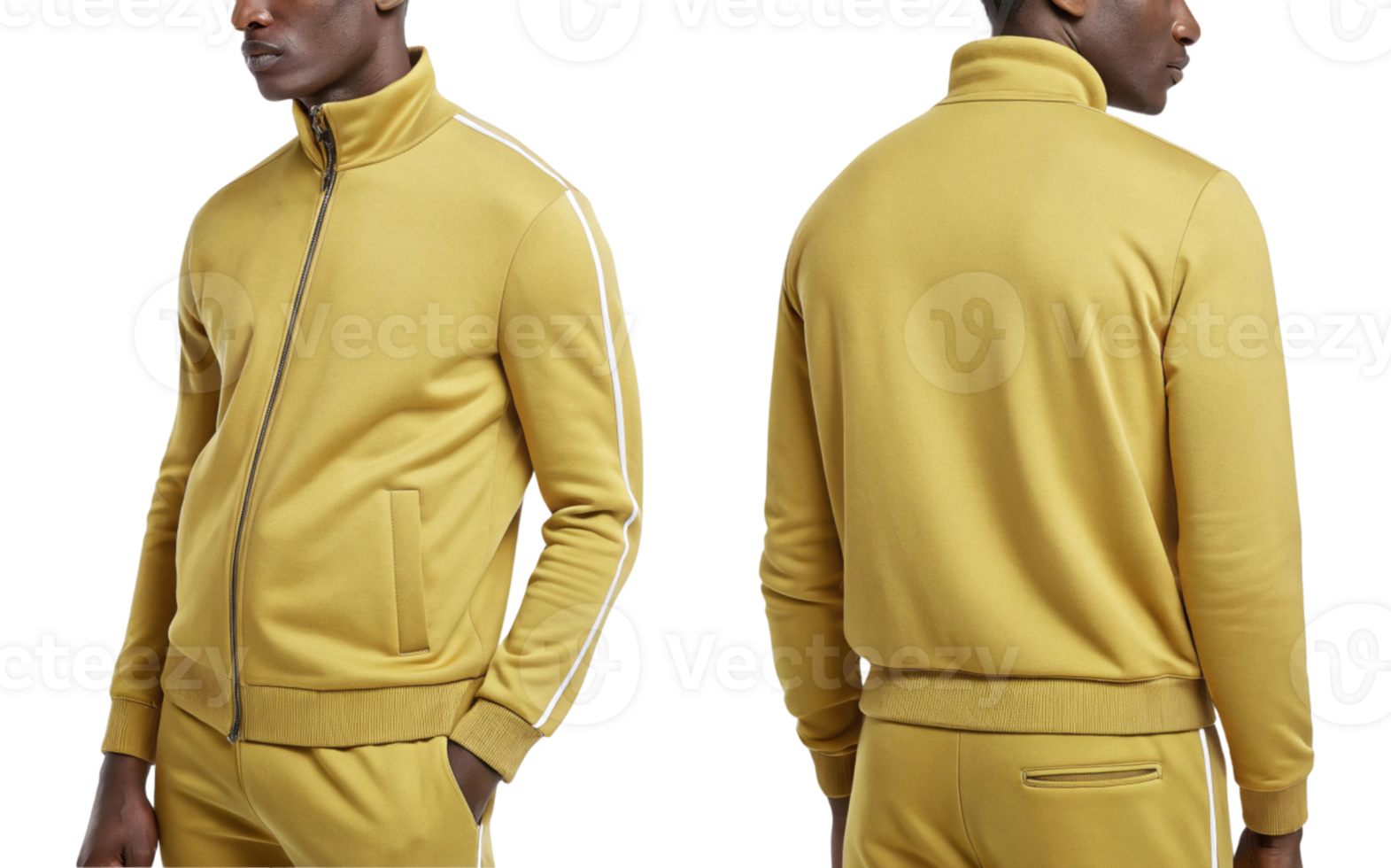 stylish yellow tracksuit featuring zip up jacket with side stripes and matching pants, perfect for casual outings or workouts png