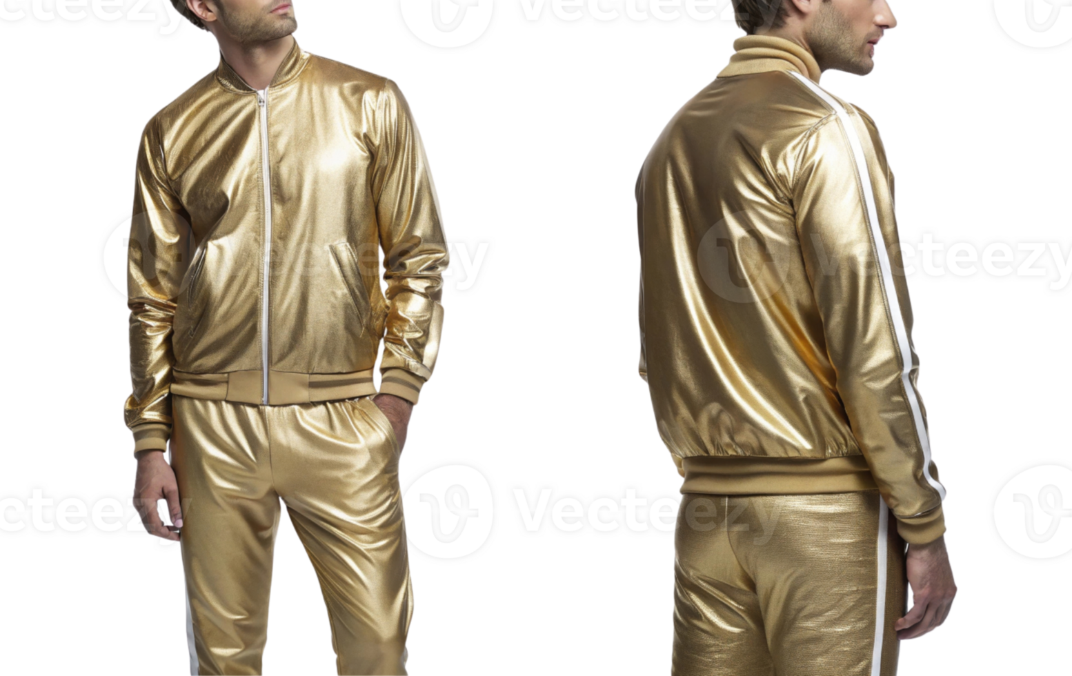stylish gold tracksuit featuring shiny finish, perfect for making bold fashion statement. outfit includes zip up jacket and matching pants png