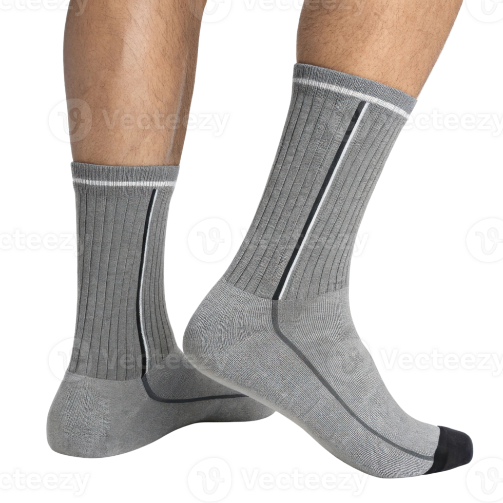 Stylish gray socks mockup showcasing modern design perfect for casual wear and comfort. Ideal for any outfit or occasion png