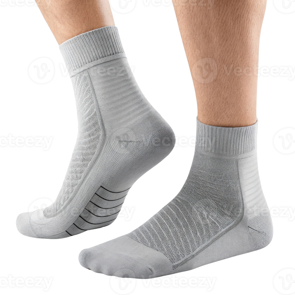 Comfortable gray socks mockup showcasing stylish design perfect for athletic wear or casual use. Ideal for enhancing your footwear collection png