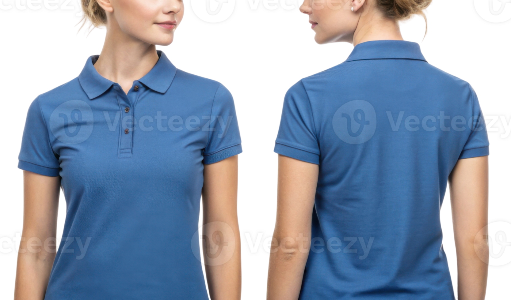 stylish polo shirt template showcasing woman wearing blue polo shirt from both front and back views, perfect for casual or professional settings png