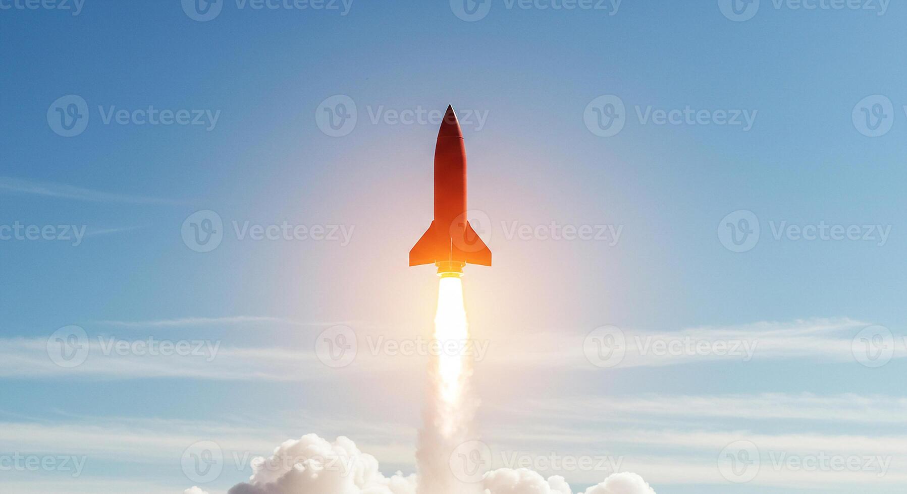 A rocket is taking off into the sky photo