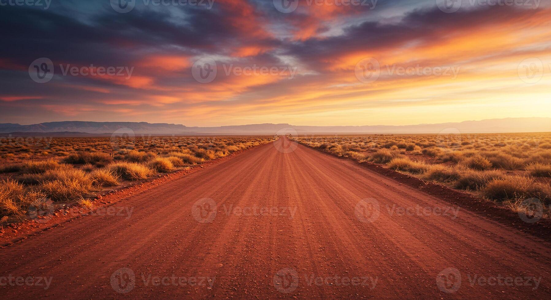 A dirt road in the middle of the desert with a beautiful sunset photo