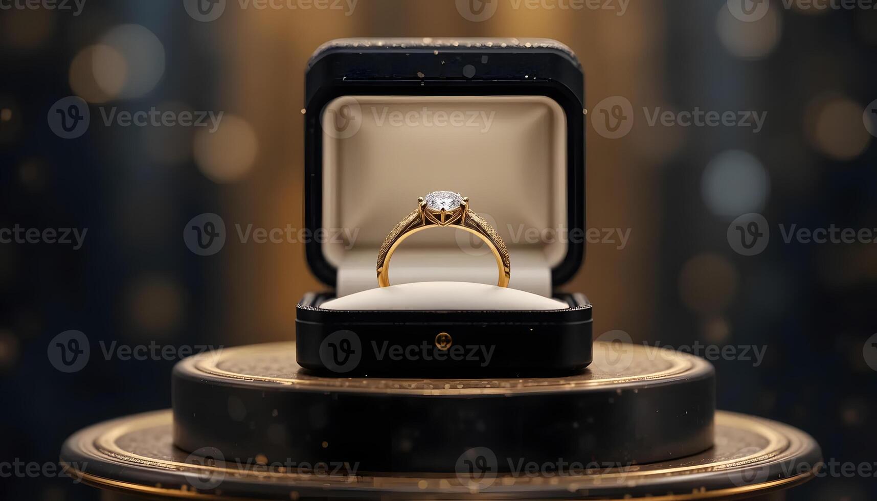 Gold wedding ring in a black box with blurry background photo