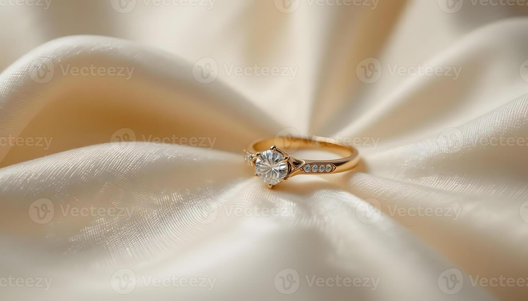 Gold wedding ring with diamond on a white silk fabric photo