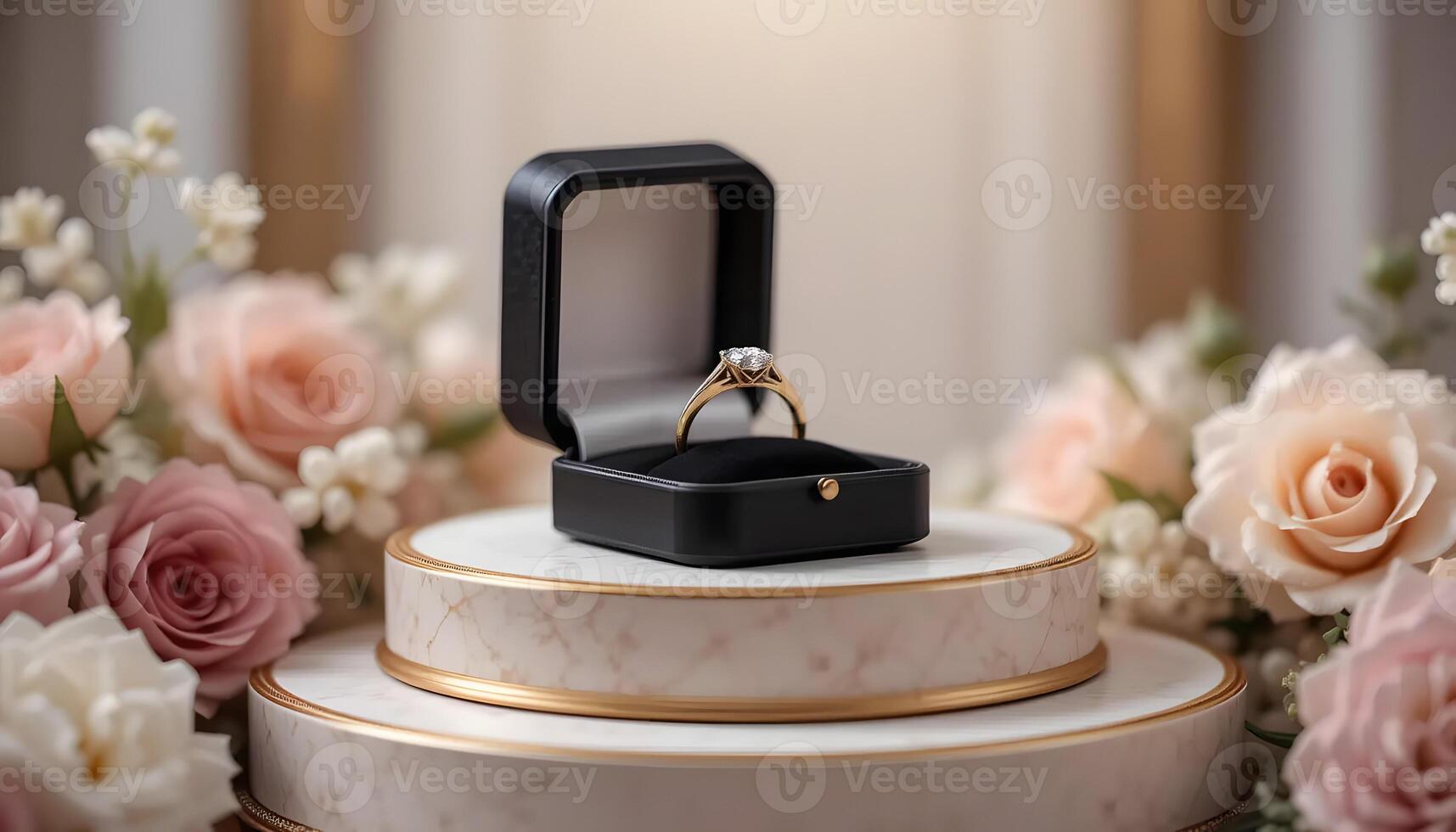 Golden ring in a black box surrounded by flowers photo