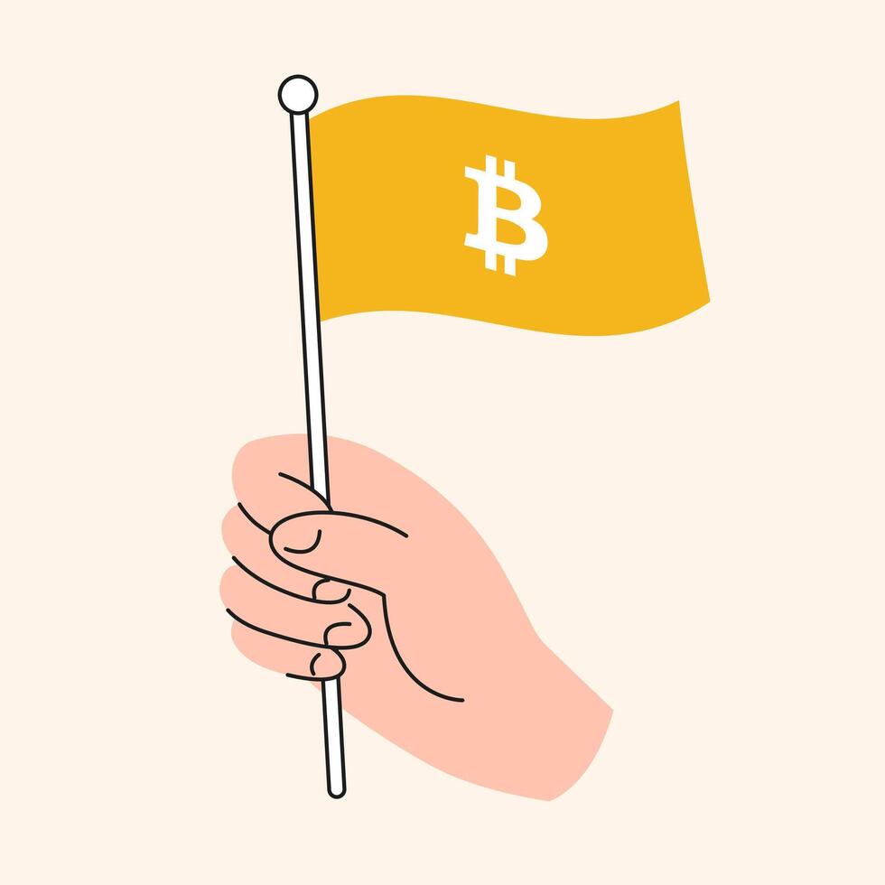 Hand Holding a Yellow Bitcoin Flag, Symbolizing Cryptocurrency and Blockchain Support with the BTC Token Symbol - Illustration for Digital Finance and Decentralized Economy vector