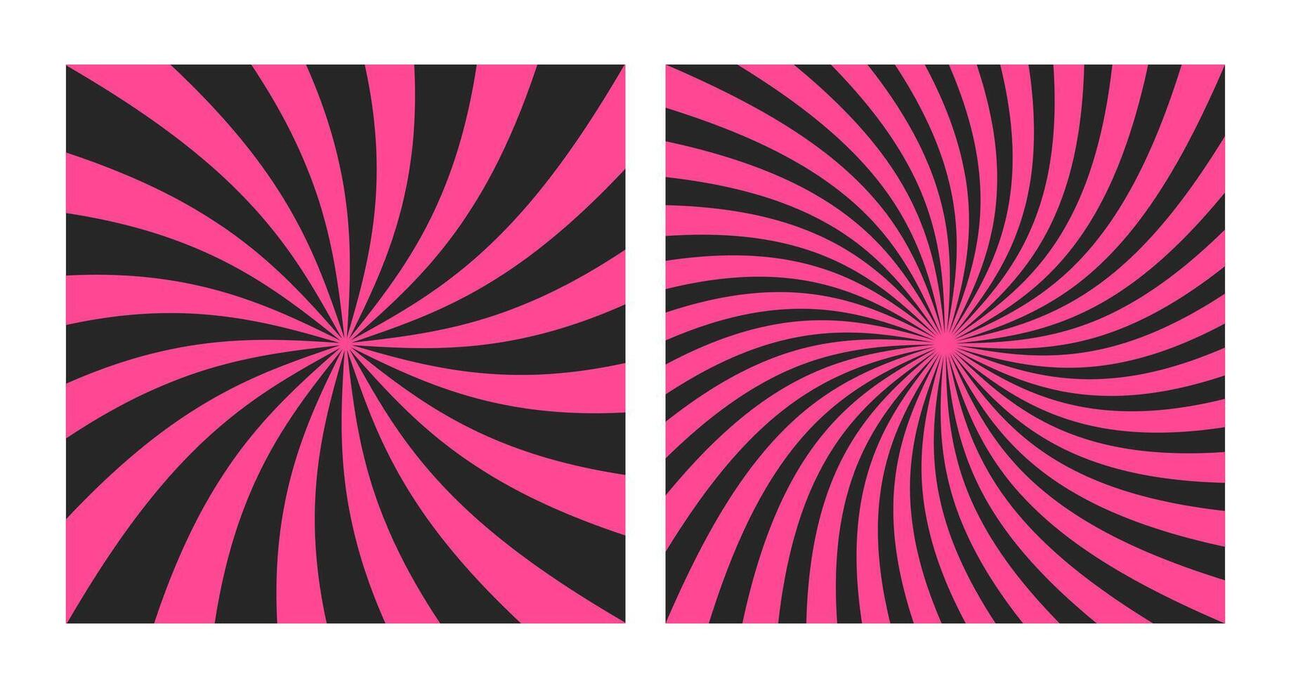 Set of abstract pink spiral sunbursts on a black background, two vibrant punk-style square posters vector