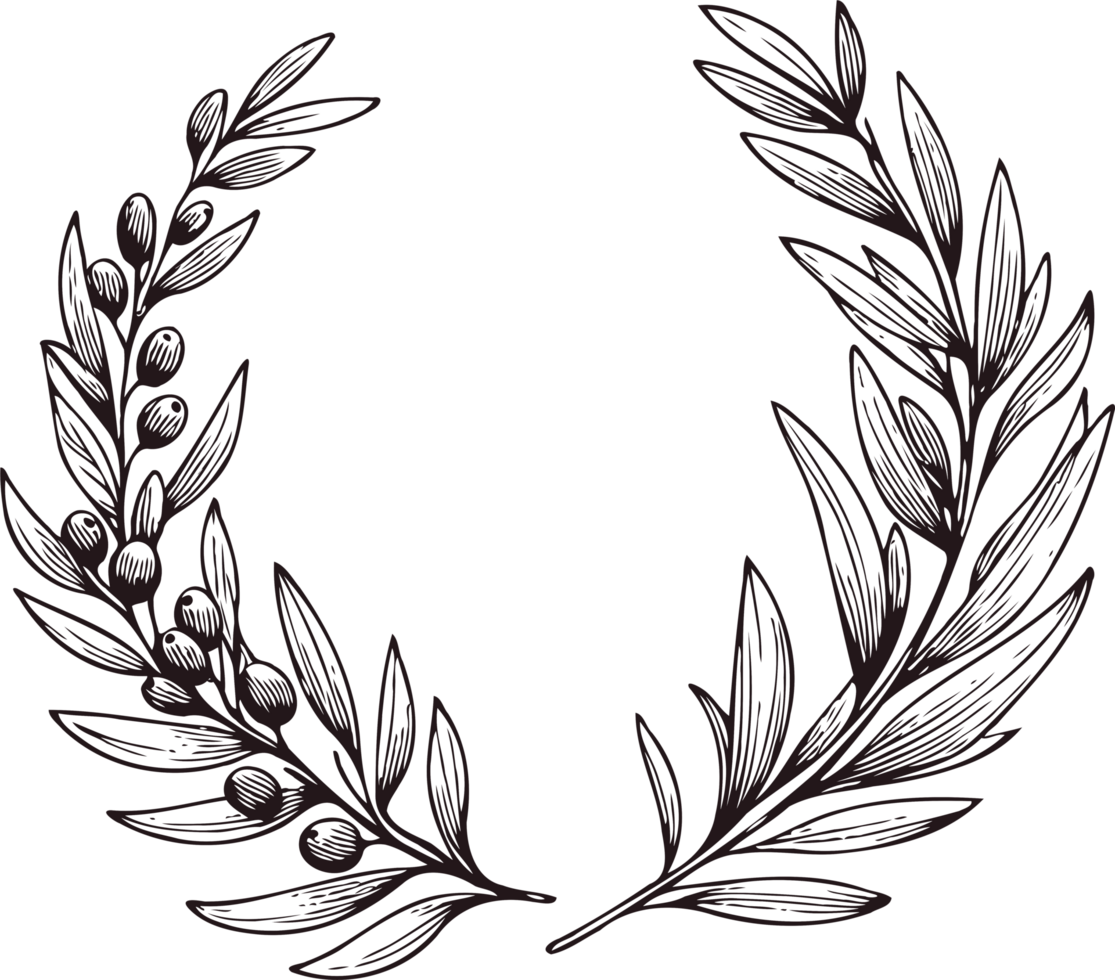 A wreath with a leaves and a symbol for the winner of the contest. Laurel wreath icon isolated. Graphic black and white olive branch png