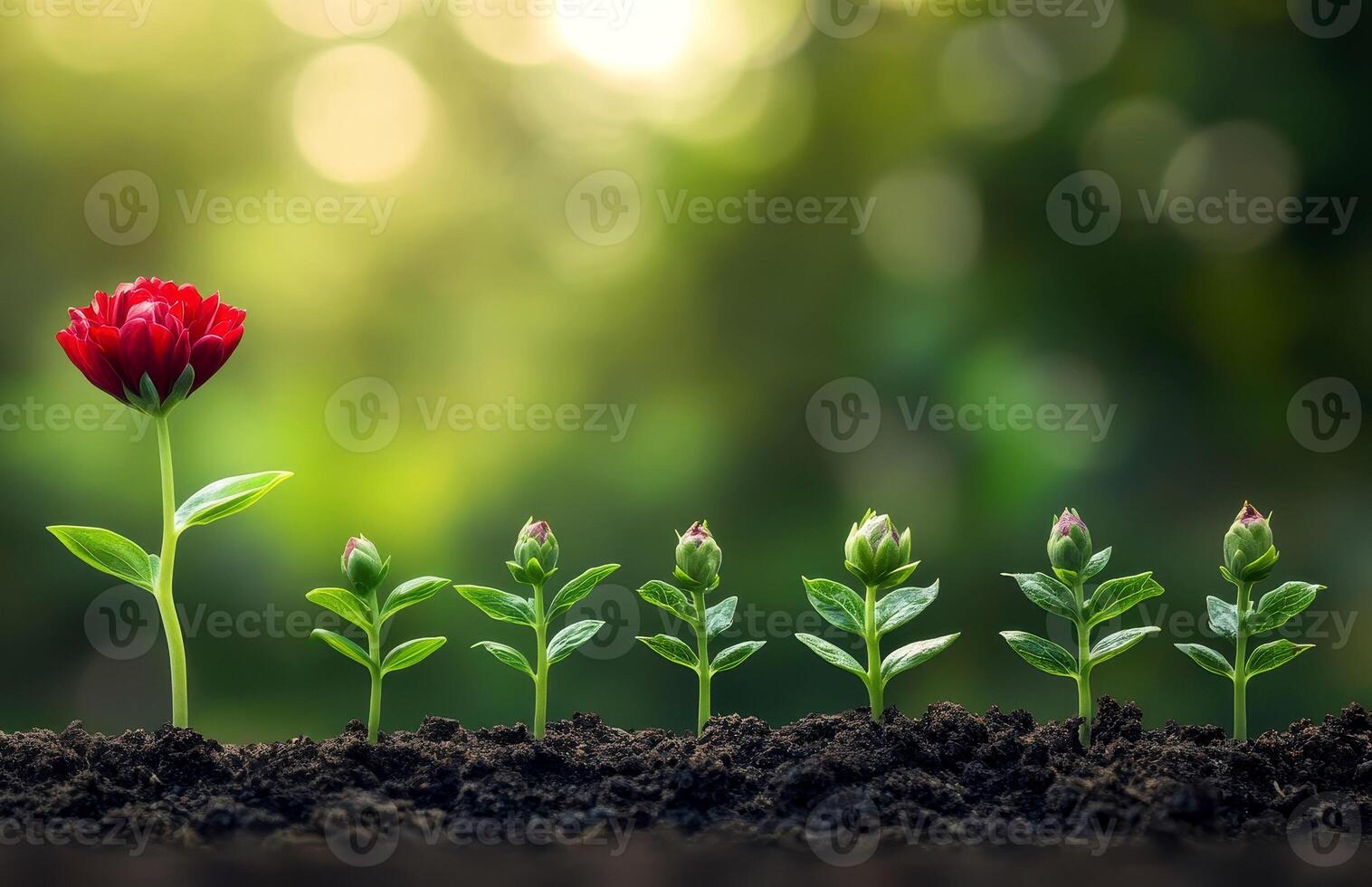 A serene flower natural scene featuring a row of plants in different flower growth stages. photo