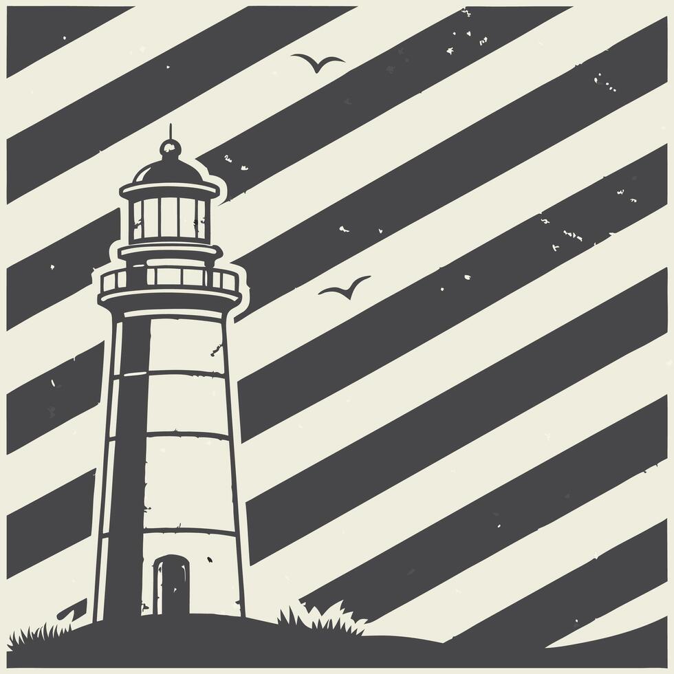 A black and white illustration of a lighthouse on a striped background vector