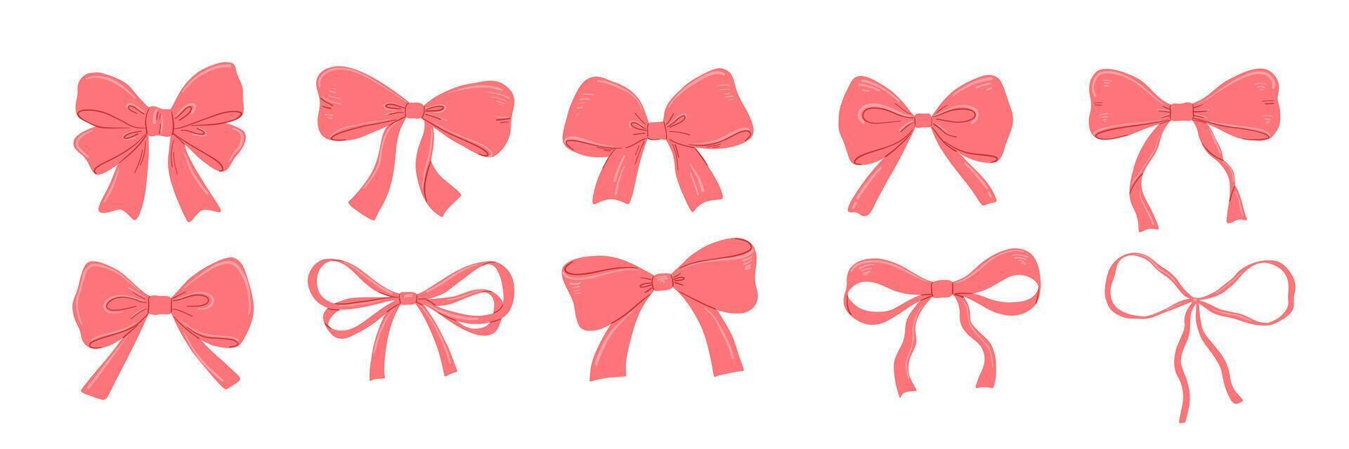 Coquette pink bow drawings set, flat illustration isolated on white, cute red ribbon vector