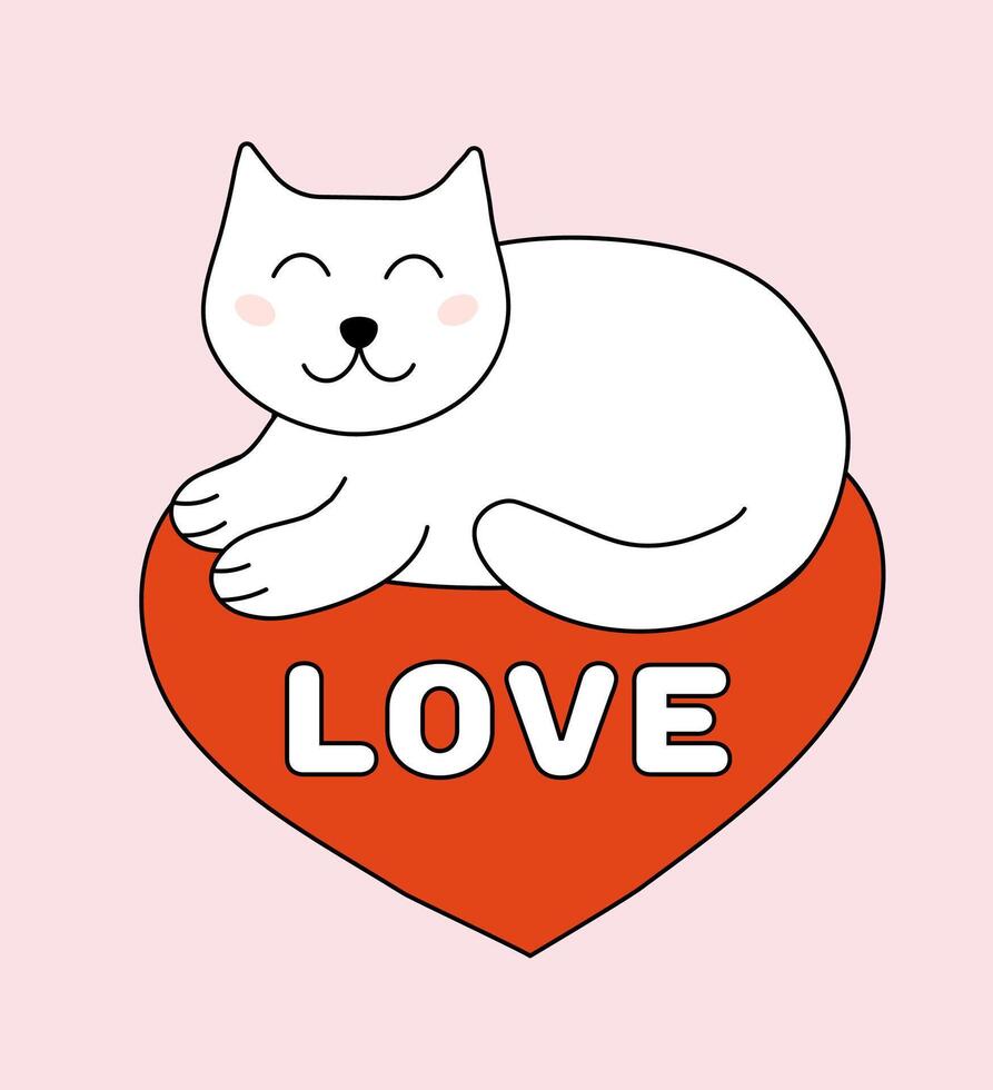 Valentine day Cat on heart. flat illustration. vector
