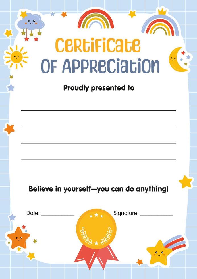 Kids Diploma background template, certificate of appreciation. vector
