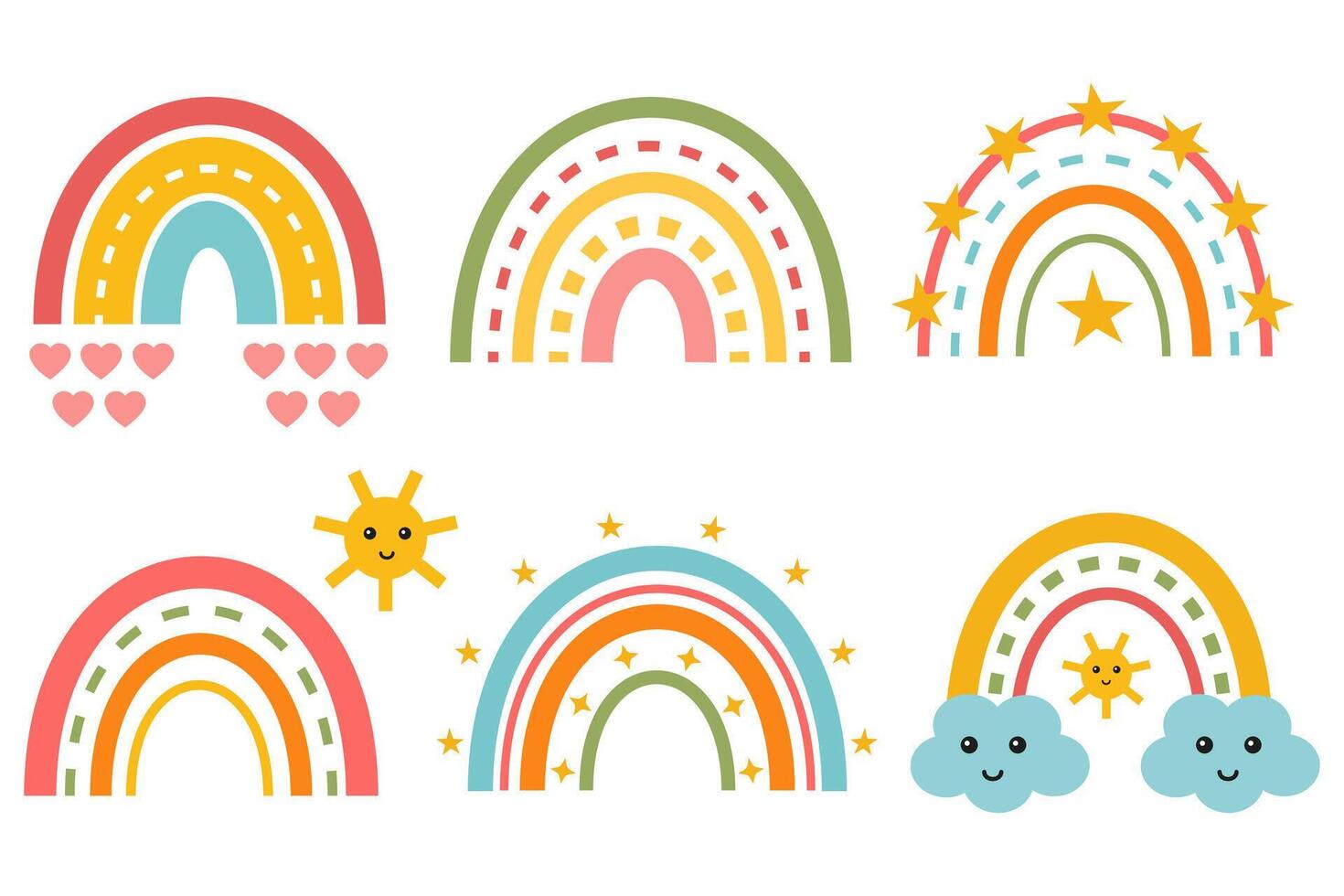 Cute collection with rainbow, cloud, star, sun in cartoon flat style. Kids friendly rainbows design. Rainbow clipart for prints, t-shirts, holiday invitations, cards for children. Nursery style. vector