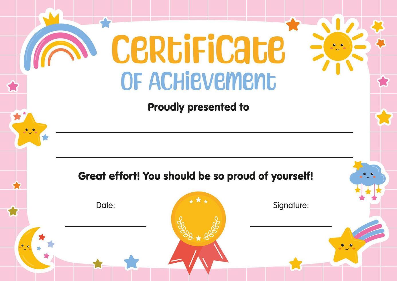 Certificate of achievement for kids in competition. Diploma template, certificate of appreciation. Modern colorful template for school, preschool, playschool, kindergarten, primary grades, summer camp vector