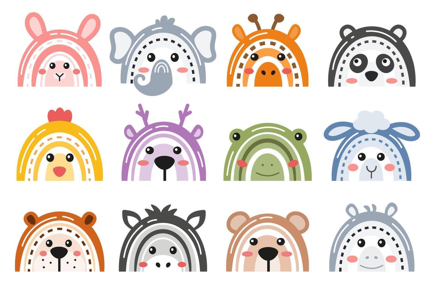 Cute rainbow animals collection for kids isolated on white background. Rainbow design for nursery, invitations, posters, baby shower, t-shirts, cups. Rainbow bunny, bear, panda, giraffe, hippo, frog. vector