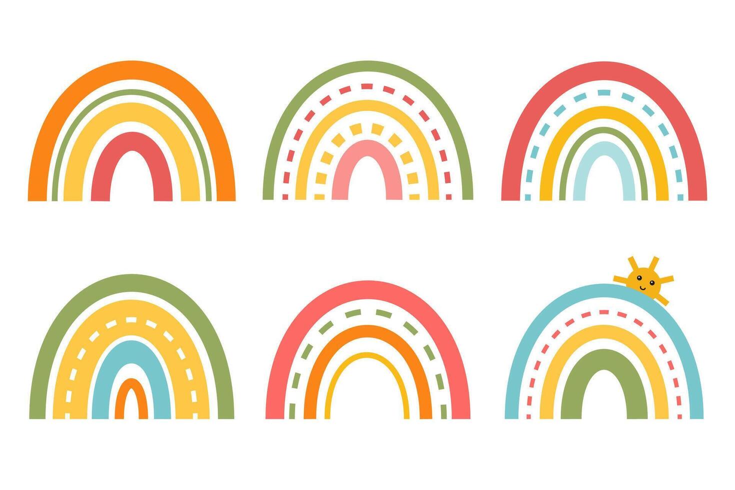 Cute collection with rainbow, cloud, star, sun in cartoon flat style. Kids friendly rainbows design for prints, t-shirts, holiday invitations, cards for children. Nursery style. vector