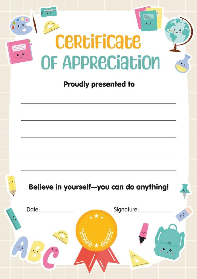 Kids certificate of appreciation for school children. Diploma background template. Certificate of achievement. For kids, preschool, elementary school, primary grade, summer camp. vector