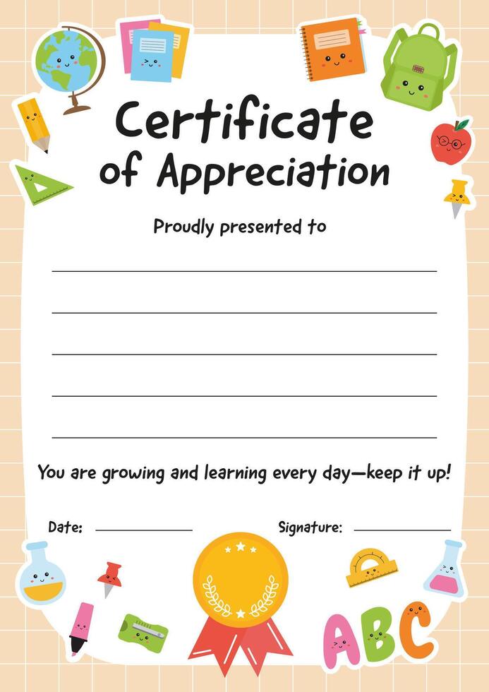 Certificate of appreciation for school kids. Achievement certificate in competition. Awards diploma template. Diploma for kids template. For school, preschool, educational, sport competition. vector