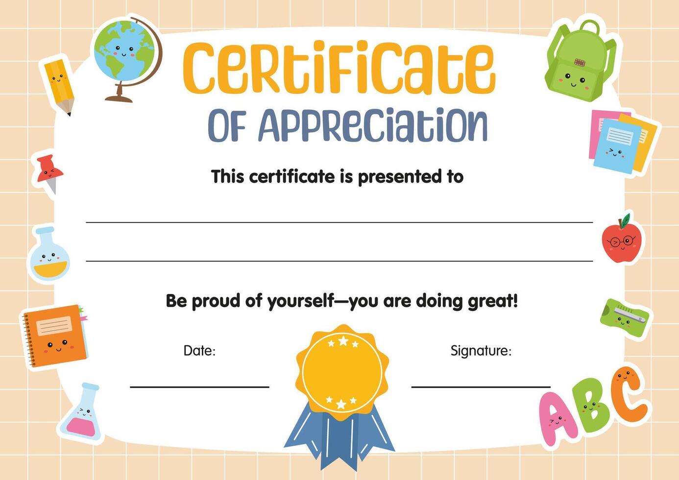 Kids certificate of appreciation. Diploma background template. Certificate of achievement in competition. For kids, children in school, preschool, playschool, kindergarten, primary grade, summer camp. vector