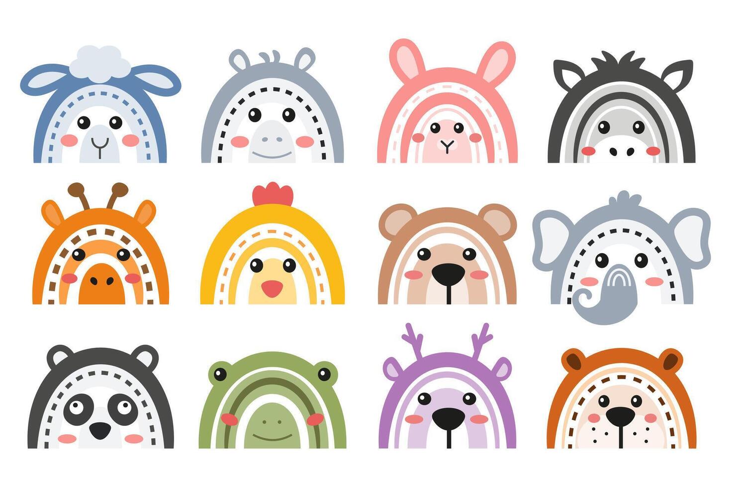 Cute rainbow animals collection for kids in cartoon style. Rainbow design for nursery, invitations, posters, baby shower, t-shirts, cups. Rainbow bunny, bear, panda, giraffe, hippo, frog, chicken. vector