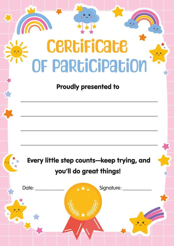 Certificate of participation for kids in competitions, workshops. Kids diploma, template appreciation certificate in school preschool kindergarten, summer camp. vector