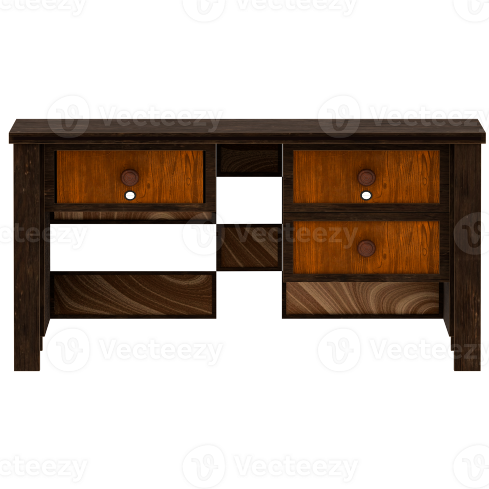 Render wooden desk office with transparent background png