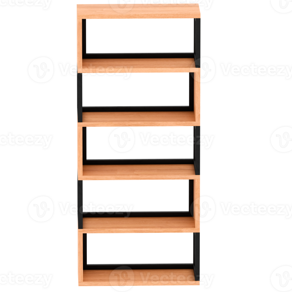 3d render wooden black metal bookshelf with transparent background png