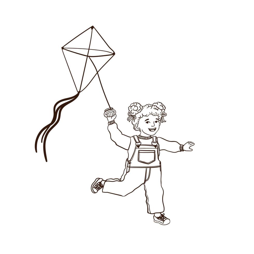 Outline Illustration of Cheerful Girl Runs with a Kite Isolated on White Background vector