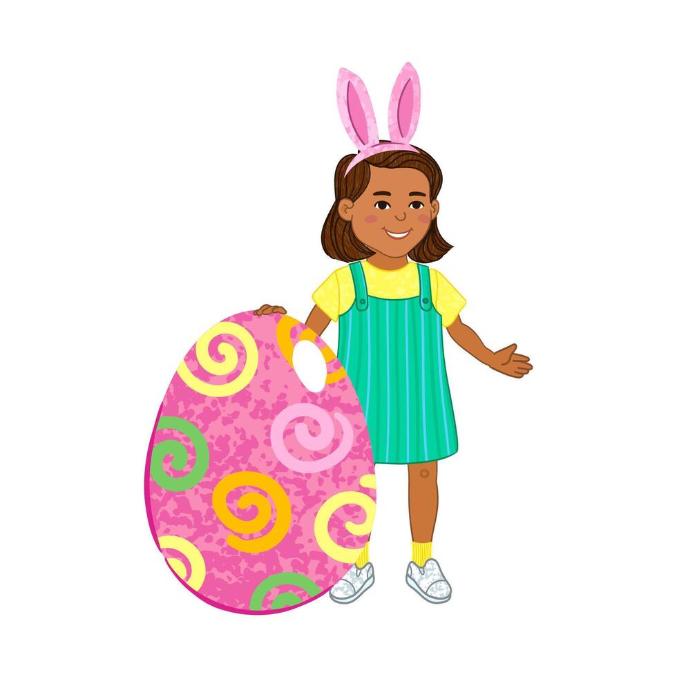 Illustration of Girl Stands Next to a Large Easter Egg Isolated on White Background vector