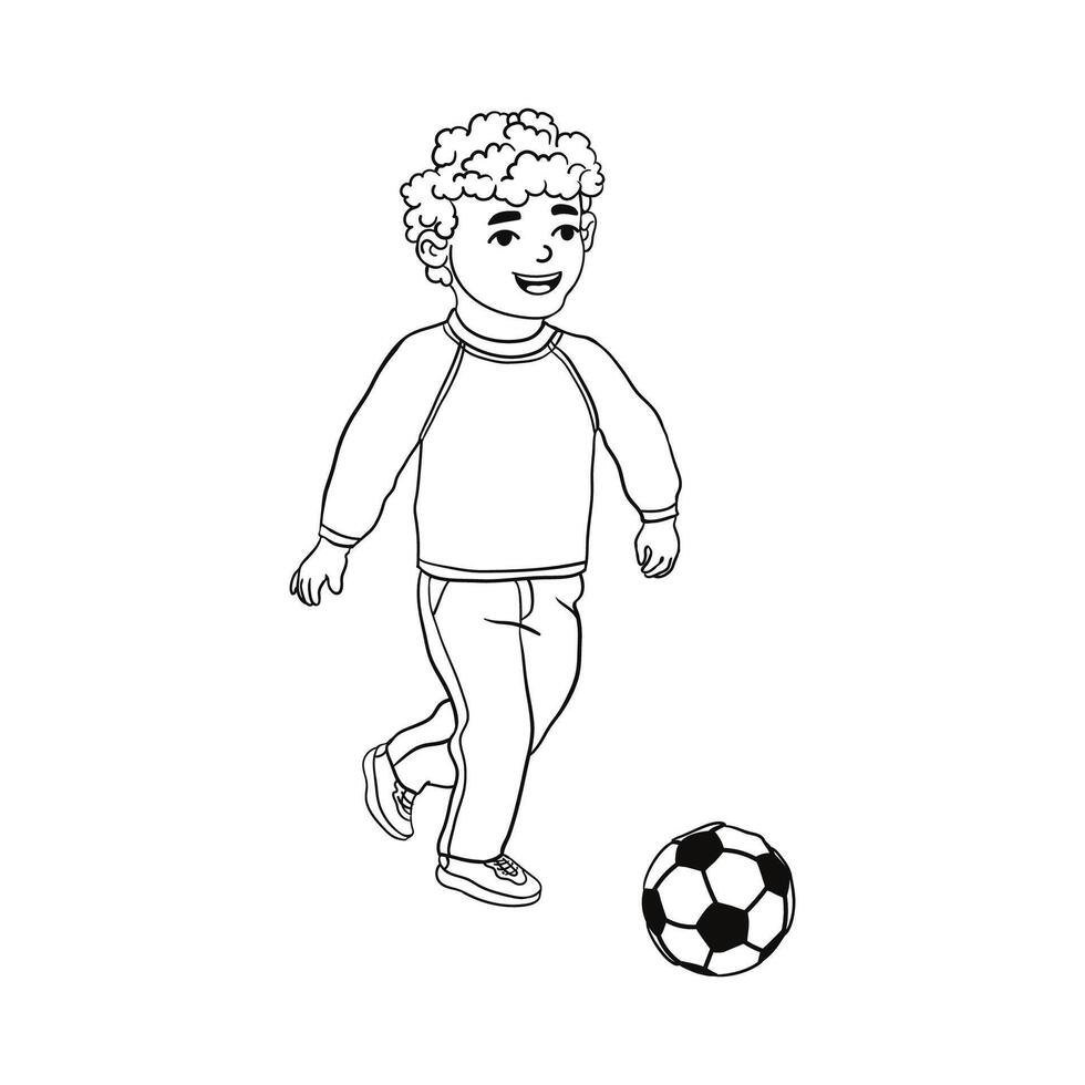 Outline Illustration of Boy Runs After a Soccer Ball Isolated on White Background vector