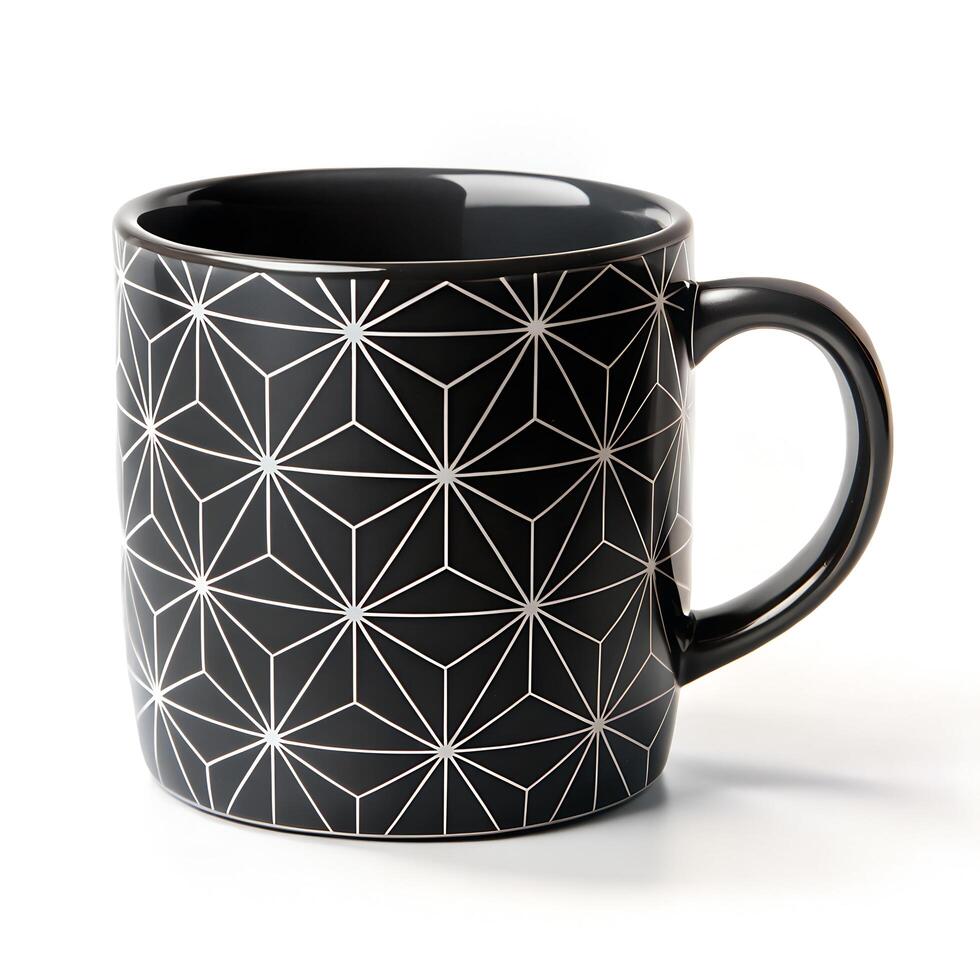 Black Glazed Ceramic Mug with White Star Geometric Pattern and Modern Aesthetic on White Background photo