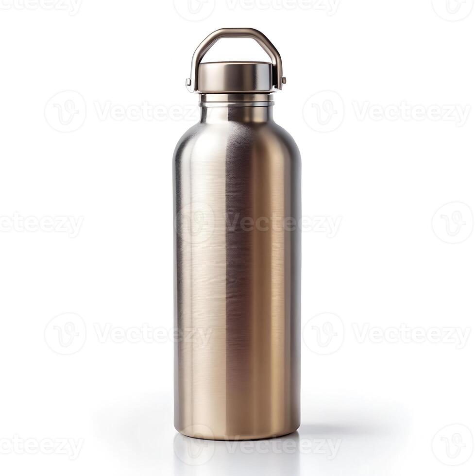 Stainless Steel Water Bottle with Metallic Finish and Screw-Top Lid on White Background photo