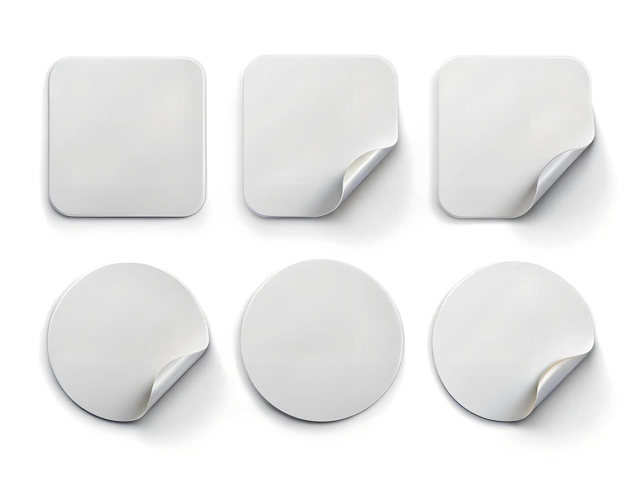 White Paper Stickers with Square and Circular Shapes in 3D Rendering with Peeling Corners on Transparent Background photo