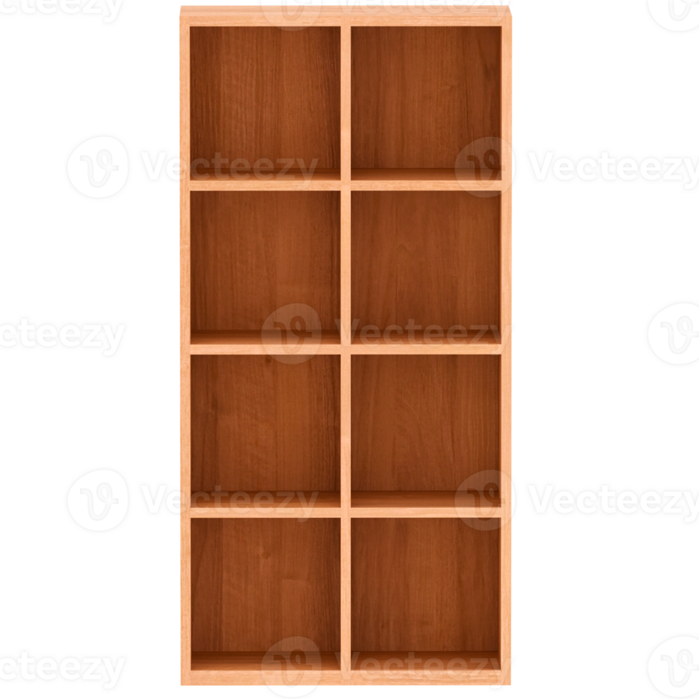Render wooden double bookshelf with transparent background png