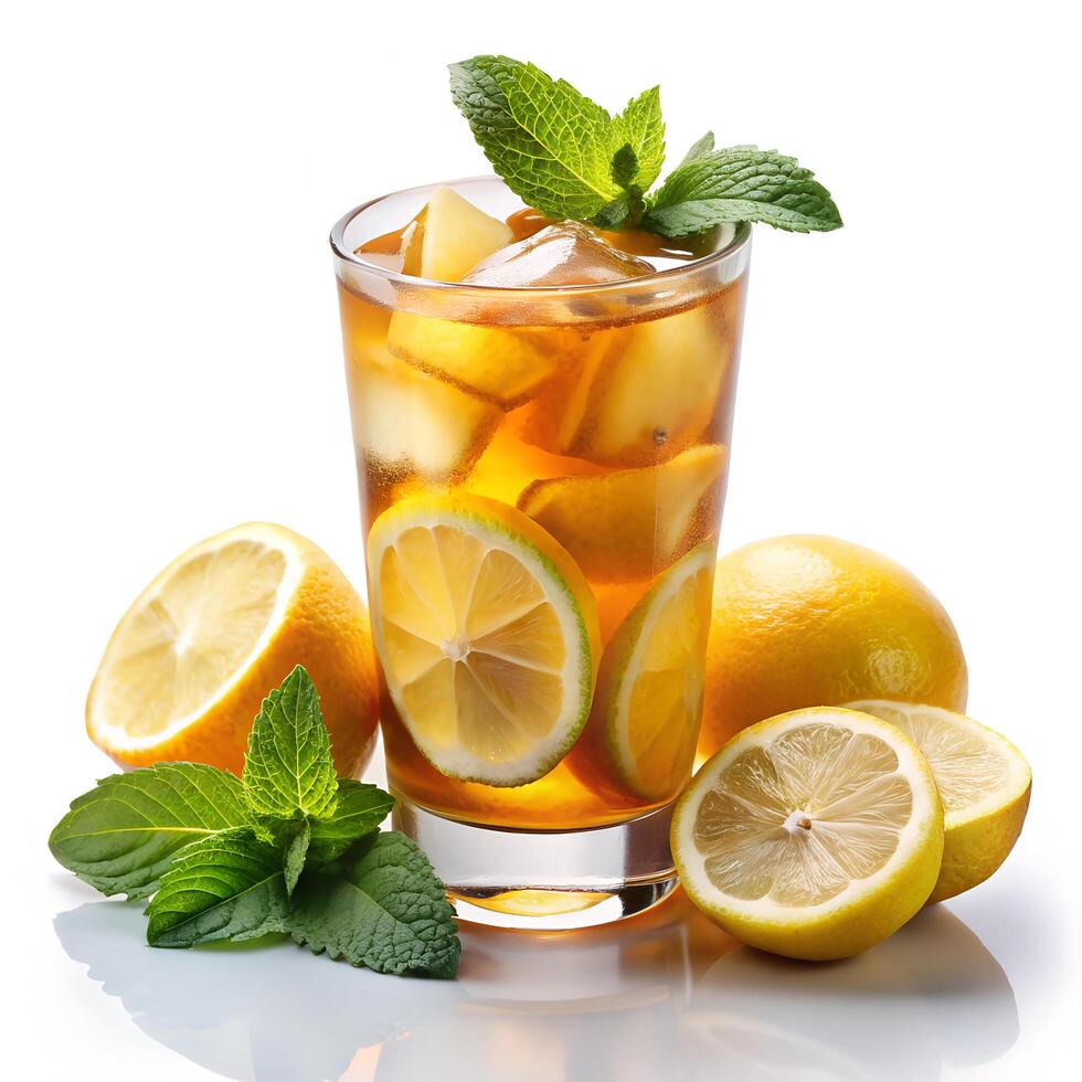 Refreshing Iced Tea with Lemon Slices and Mint Leaves in Clear Glass on White Background photo
