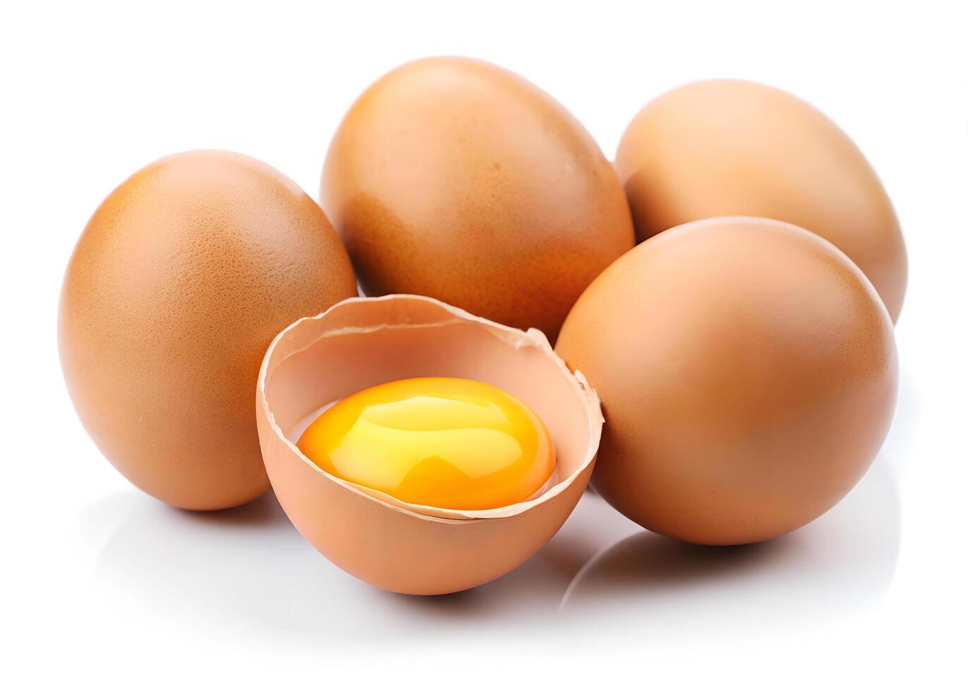 Brown Eggs with Cracked Shell and Golden Yolk on White Background photo