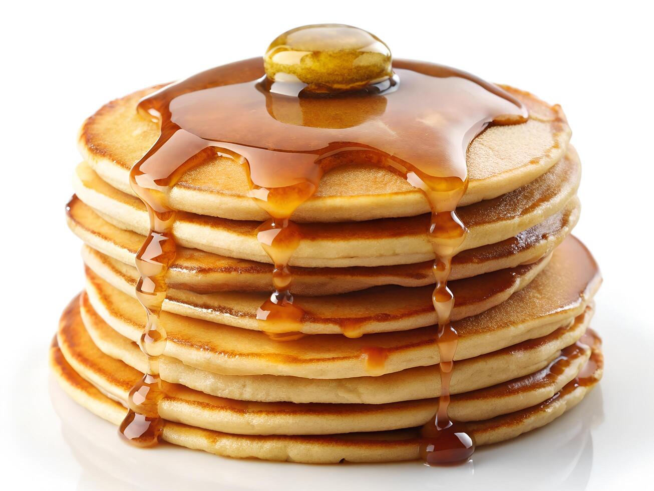 Stacked Golden Pancakes with Maple Syrup and Melting Butter on White Background photo