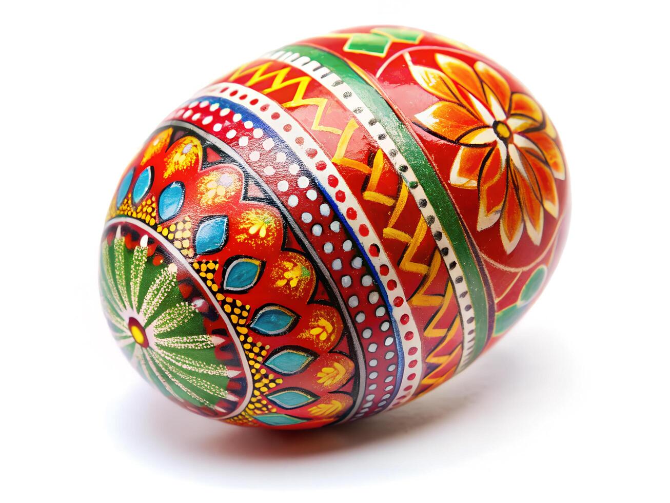 Easter egg with intricate floral pattern and vibrant colors on white background photo