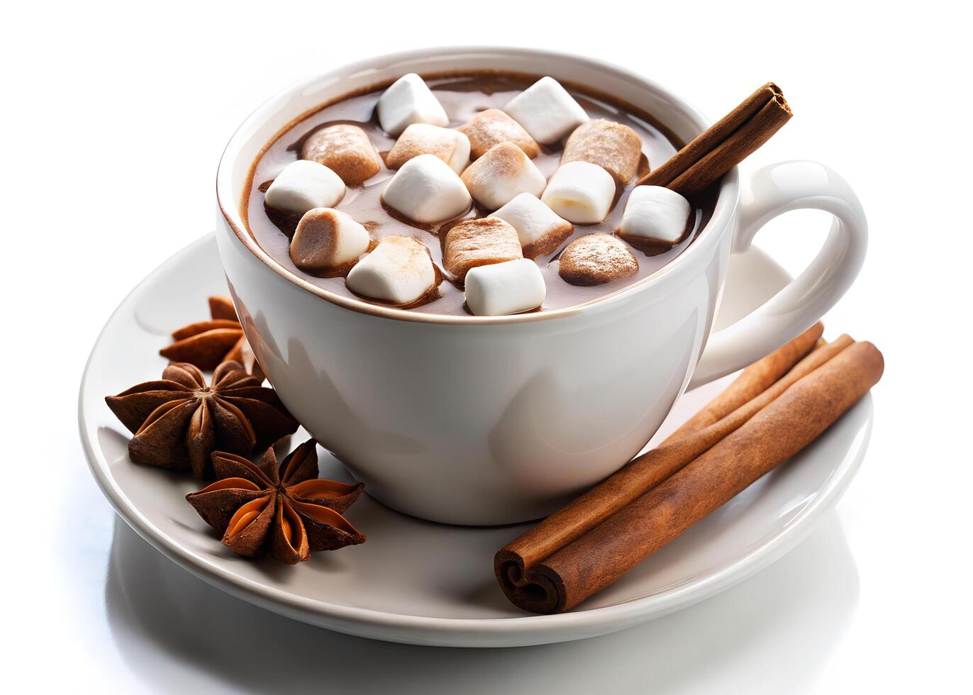 Hot Chocolate with Marshmallows, Cinnamon Sticks, and Star Anise in White Ceramic Mug on Transparent Background photo