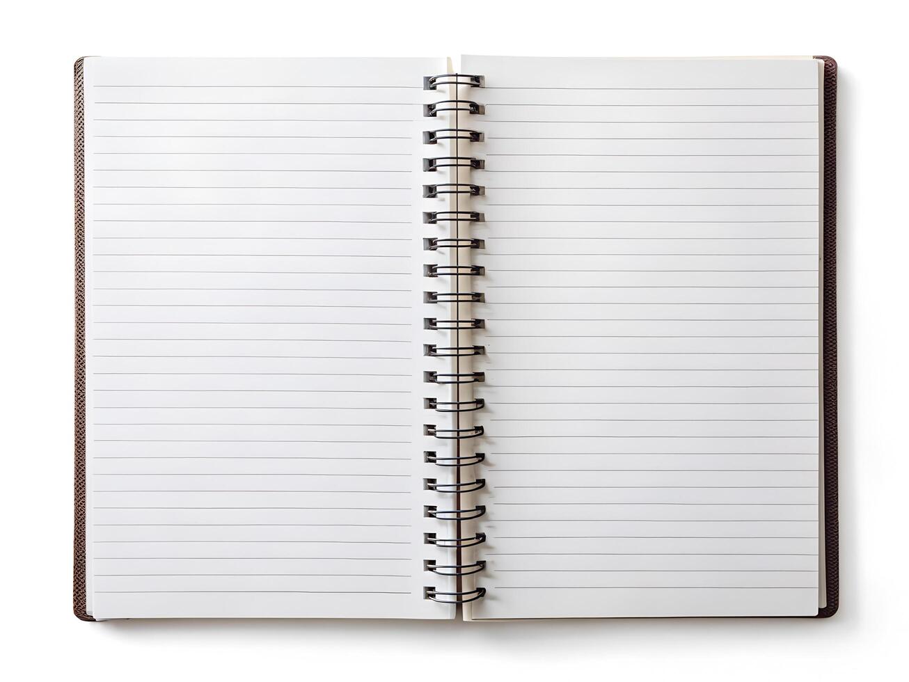 Open Spiral Notebook with Blank Lined Pages on White Background photo