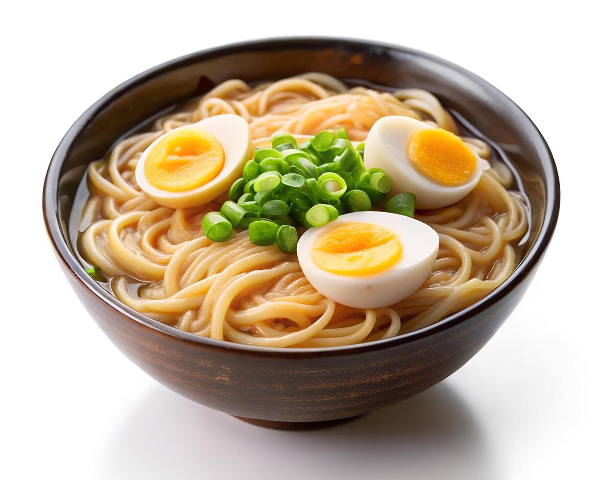 Ramen Bowl with Noodle Soup, Soft-Boiled Eggs, and Green Onions in Japanese Cuisine on White Background photo