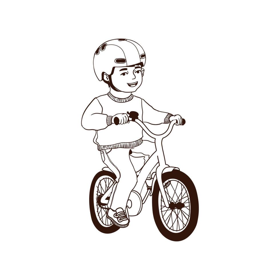 Outline Illustration of Boy Rides a Bicycle Isolated on White Background vector