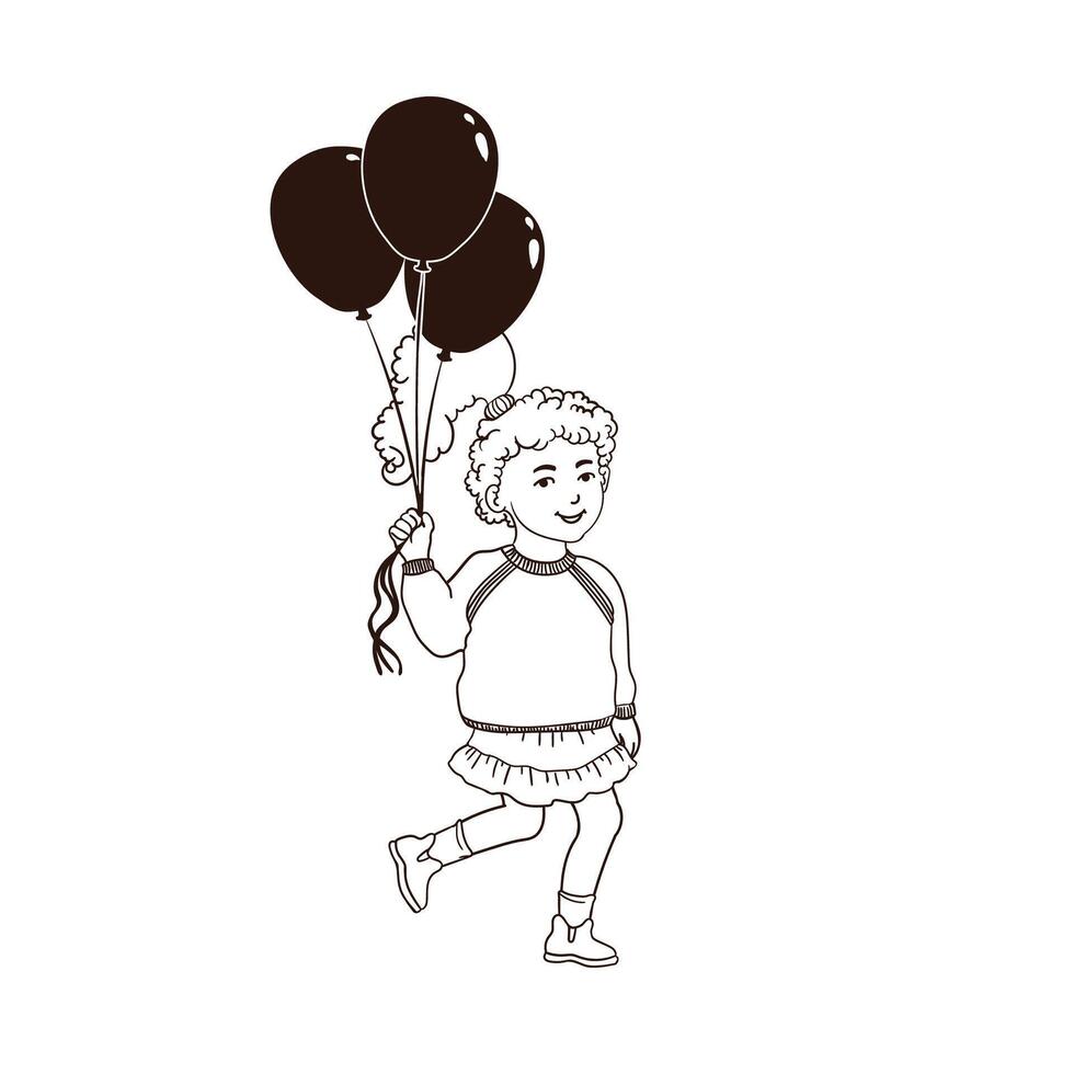 Outline Illustration of Girl Walks with a Bunch of Balloons Isolated on White Background vector