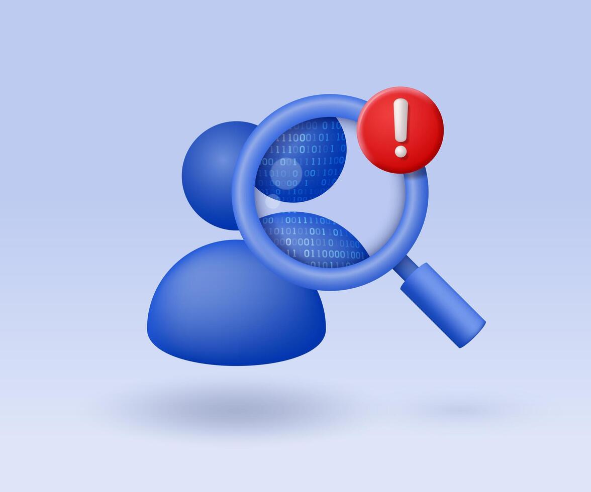 Symbol of a person under a magnifying glass and detected artificial intelligence with an exclamation mark in a red circle. AI detection concept. 3D illustration. vector