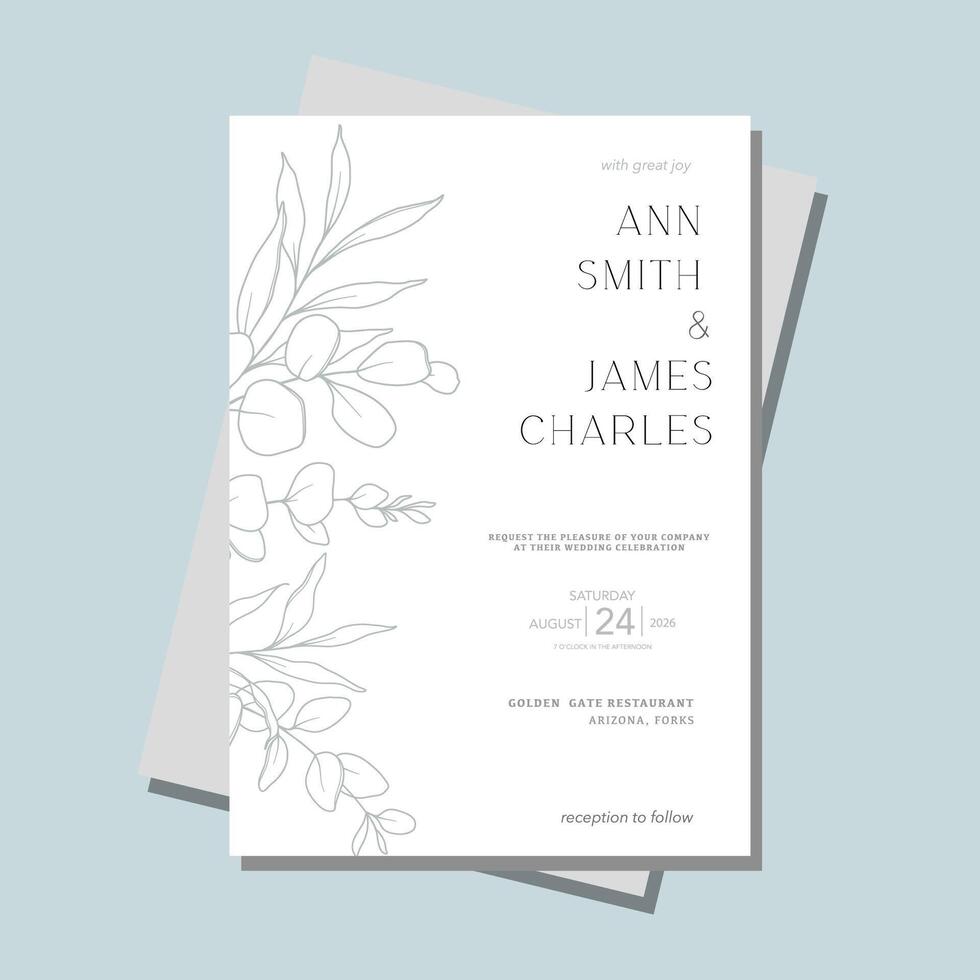 Line Art Eucalyptus Wedding. Eucayptus Wedding Invitation template, Outline Eucalyptus Minimalist Wedding Design, Greenery Wedding invite template vector